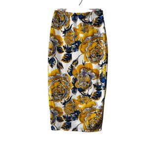 Floral Yellow Blue Midi Pencil Skirt Medium Sexy Rose Print Joe & Elle‎ Stretch
